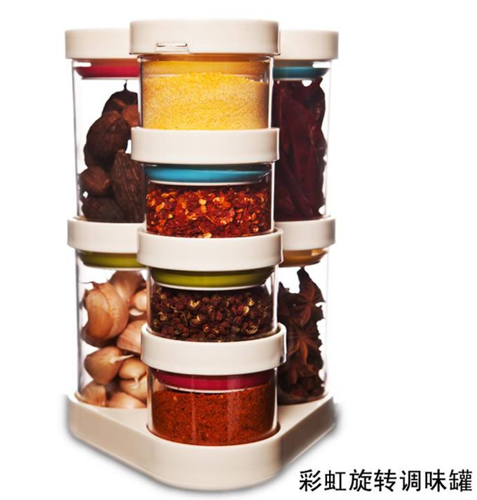 創(chuàng)意廚具 彩虹旋轉(zhuǎn)調(diào)味罐套裝，廠家直銷調(diào)味盒/瓶